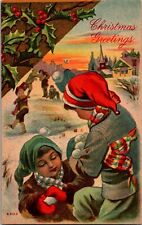 Antique Christmas Postcard Boy Children Play Snowball Fight Town Square 6602 picture