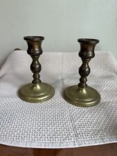 Vintage Pair Of Solid Brass  Tapered Candle Stick Holders 5” Tall Matching Set picture