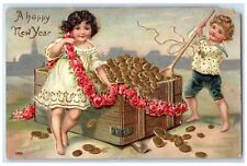 c1910's New Year Children Shovel Coins In Basket Embossed Antique Postcard picture