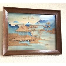 VTG Chinese Cork Carving Watercolor  WallArt  Mountain River  UNUSUAL w/writing picture