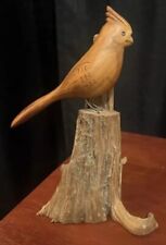 Vintage Hand Craved Wooden Cardinal On A Tree Stump picture