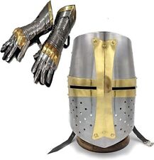 Combo Deal Medieval Crusader Helmet & Armor Gauntlets Steel Gloves w Brass Accen picture
