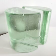 Pair Vintage Blenko Green Hue Half Moon Round Solid Glass Bookends Bubbles MCM picture