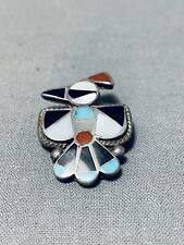 EXPRESSIVE VINTAGE ZUNI TURQUOISE STERLING SILVER THUNDERBIRD PIN picture