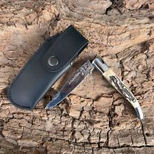 FRENCH LAGUIOLE FOLDING POCKET KNIFE WITH HORN HANDLE AND BLACK LEATHER SHEATH picture
