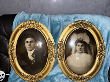 Antique EARLY 1900s 2 Gold Framed Wedding Convex Glass Portraits Bride& Groom picture