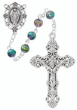 Silver Toned Miraculous Medal Purple Multi Colored Glass Prayer Bead Rosary 6MM picture