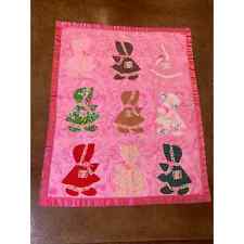 Sunbonnet Sue Quilt Baby Blanket Pink Patchwork 44 x 53 Satin Handmade Vintage picture