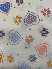 Vtg Fabric Cotton White Flower Bouquet Outlined Hearts Blue Pink Quilting 44X144 picture