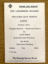 1964 ERIE LACKAWANNA RAILROAD vintage lunch menu DINING CAR SERVICE Arat Temple picture