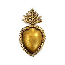 6in Rhinestone Sacred Heart Ex Voto Locket Ornament, Antiqued Gold Milagro picture