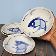 Set of 2 VTG Chinese Carp Koi Fish Bowls Hand Painted Blue & White 5 7/8