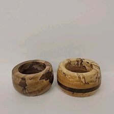 Vintage MCM Hand Turned Wood Signed Lars Wooden Round Candle Holder Pair picture