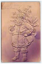 c1905 Christmas Santa Claus Sack Of Toys Airbrushed Embossed Antique Postcard picture