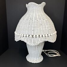 Vintage White Wicker 18 1/2” Table Lamp W/ Beaded Lamp Shade Scalloped picture