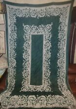 Vintage French Green White Hand Embroidered Reversible Tablecloth Napkin Set  picture