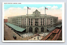 c1927 South Station Train Depot Trolley Car Boston Massachusetts MA WB Postcard picture