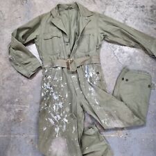 Vtg Military Issue Jumpsuit Army Green Herringbone Belt Distress Paint Coveralls picture