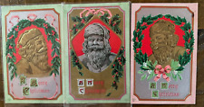 Lot of 3 ~SANTA CLAUS~with Holly -Antique~Airbrushed Christmas Postcards~k295 picture