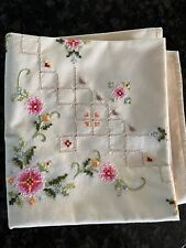 Floral Tablecloth Hand Embroidered Cross Stitch Needlepoint VTG tablecloth 32x33 picture