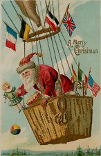 Santa Claus in Hot-Air Balloon~Flags~Toys Patriotic~Christmas Postcard~k484 picture