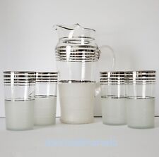 Art Deco MacBeth-Evans Platinum Bands Frosted Highball 3 Tumblers & 1 Pitcher picture