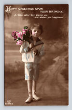 RPPC Hand Colored Portrait of Young Boy Sailor Uniform Flowers Postcard picture