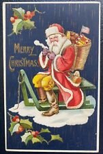 Patriotic ~Santa Claus~Yellow Pants on Sled~Flag~Antique Christmas Postcard~k296 picture