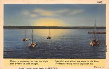 Greetings from Twin Lakes Wisconsin Sailboats at Sunset 1940 Linen Postcard picture