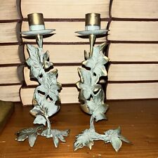 Pair of Verdigris PartyLite Candlesticks Ivy Leaf Brass with Green Patina Taper picture