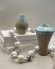 2 Mid-Century Modern Sky Blue & Brown / Bronze Drip Glaze Vases picture