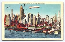 Postcard Lower Manhattan Skyline w/ Dirigible Zeppelin New York City NY picture