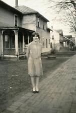 YZ162 Vtg Photo YOUNG PRETTY WOMAN ON BRICK SIDEWALK, HOUSES c 1920's picture