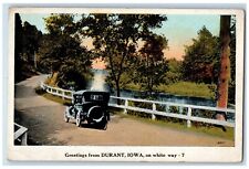 c1930's Greetings From Durant Iowa IA, Car River On White Way Vintage Postcard picture