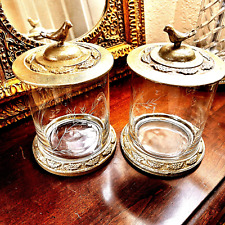 PAIR VANITY JARS/CANNISTERS W/LIDS-ETCHED GLASS- ANTIQUED SILVER FINISH picture