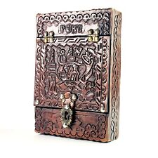 Hand Tooled PERU Brown Leather Box Silvertone Clasp & Hinge Red Lined 8.5
