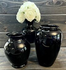 Vintage Amethyst Black Glass Vase Lot Set Of 3 8 3/4”, 7 1/2”, & 6 1/4” Shiny picture