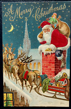 SILK Santa Claus on Snowy Roof~Reindeer~Toys~ Antique Christmas Postcard~k338 picture