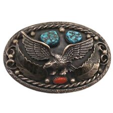 Native American Sterling Silver Turquoise Red Coral Belt Buckle picture