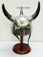 Medieval Norman Viking Helmet Armor With Black Horns Greek With Red Wooden Stand picture