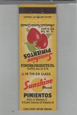 Matchbook Cover Sunshine Brand Pimentos Good Source Of Vitamin A picture