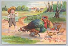 Vintage 1908 Thanksgiving Embossed Postcard Farm Boy with Whip and Turkeys picture