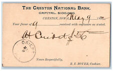 Creston Iowa IA Orient IA Postal Card Creston National Bank 1892 Posted picture