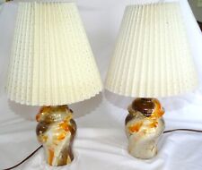 Vintage Mid Century Ceramic Orange Brown Marbled Drip Glaze Lamps Set & Shades picture