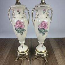 PR vintage porcelain rose lamps 24k gold decorated handles ornate filigree base picture