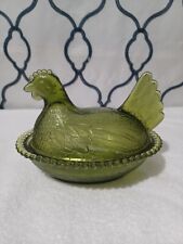 Unique Olive Green Indiana Glass Hen On A Nest Candy Dish Vintage picture