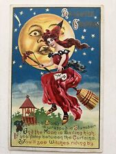 1912 Winsch Halloween Postcard Witch On Her Broom, Full Moon, Series 116 picture