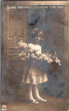 C. 1910 RPPC Happy Birthday Postcard Cute Little Girl in Dress Giving Flowers picture