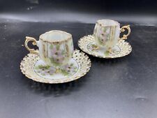 2 Vintage Or Antique demitasse, Footed Tea Cups & Saucers, Floral Design picture