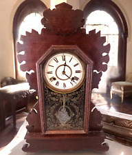 Antique 1800's WATERBURY Dark Oak Victorian Gingerbread Shelf Mantel Clock RUNS picture
